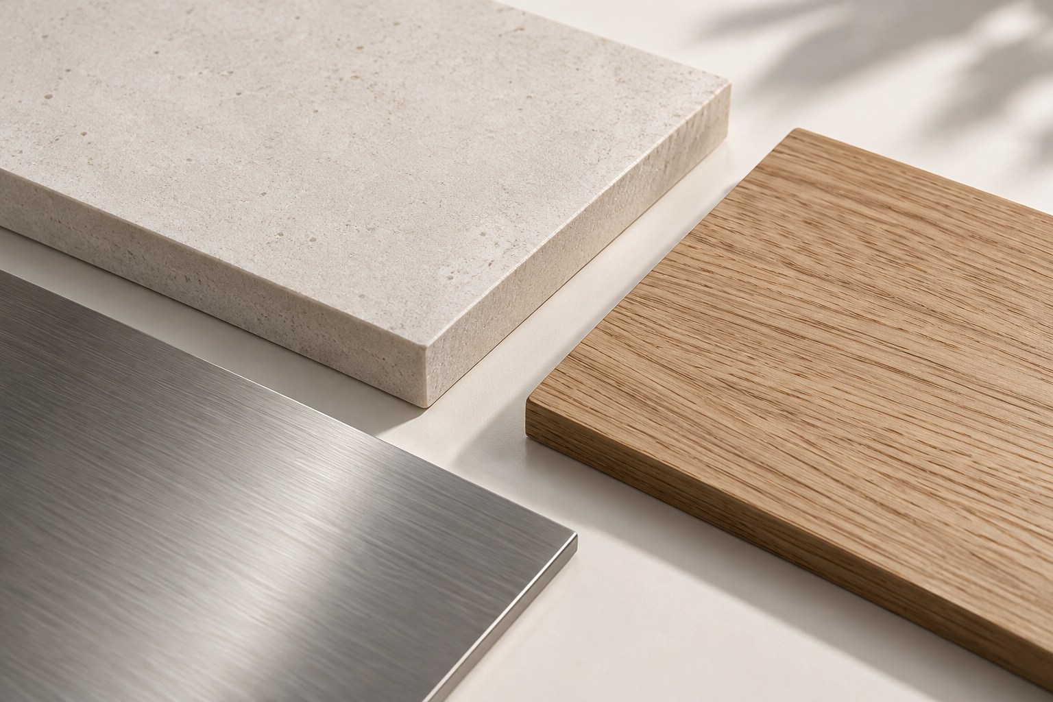 Materialkonzept mit heller Keramik, Eichenholz und gebürstetem Metall